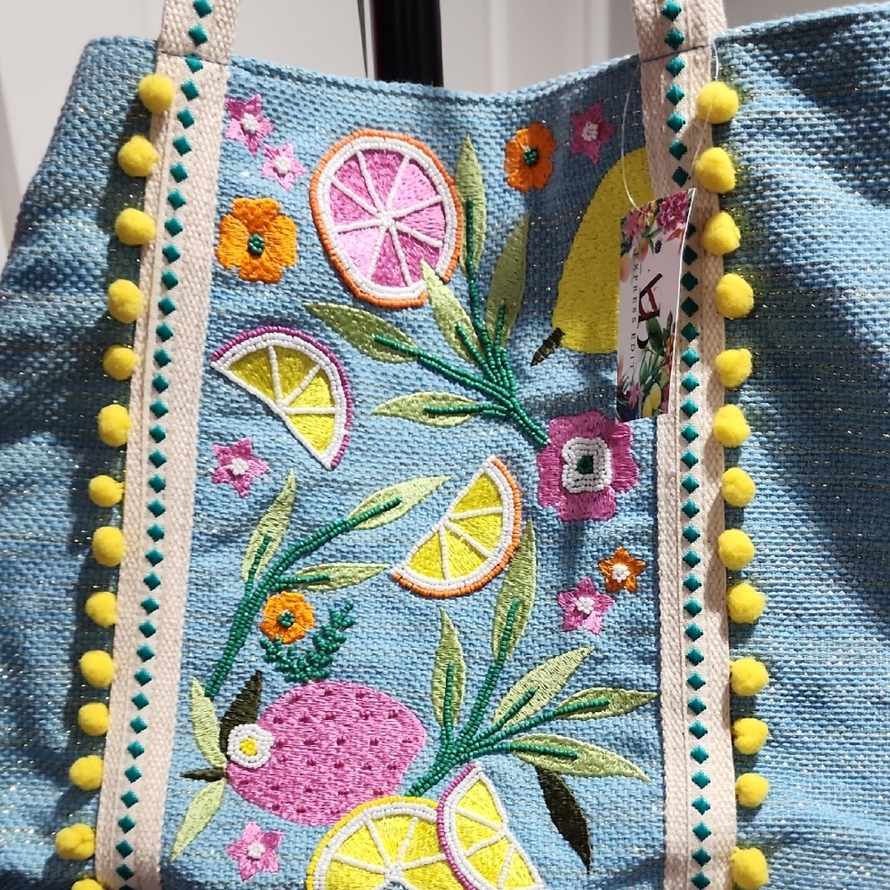 SOLD Embroidered Blue Tote Bag with Fruit Design